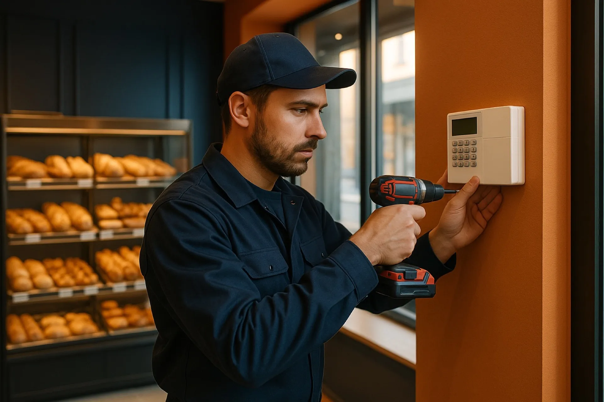 Technicien installant un système d'alarme dans un commerce à Metz